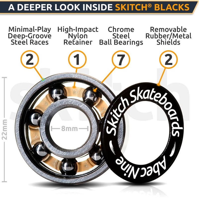 SKITCH Precision Fast Spin Bearings Set | 8 Pack 608 2RS ABEC 9 Chrome Steel Deep Groove Ball Bearing Set for Skateboards, Longboards, Inline Skates, Scooters | + Washers + Spacers | 8mm x 22mm x 7mm - Image 5